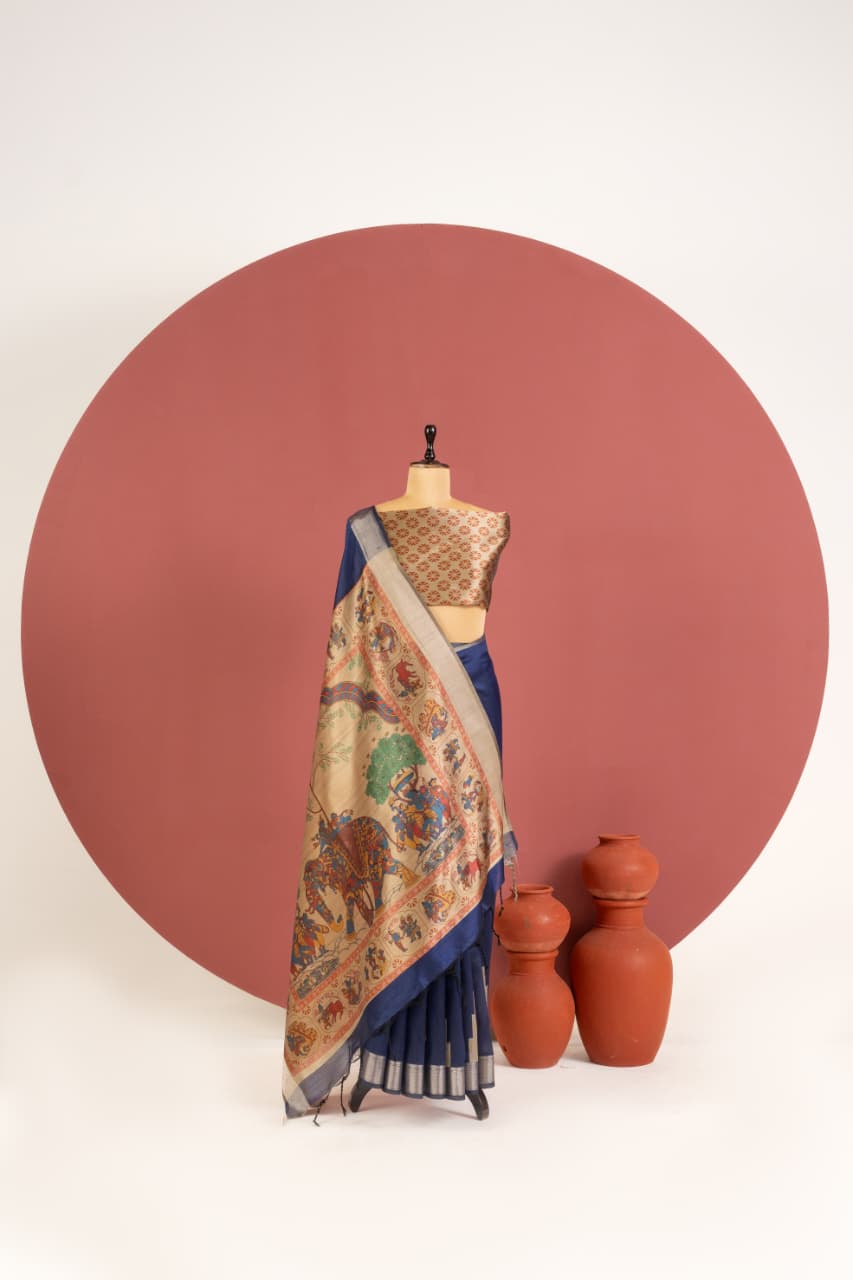 Deep Maroon Soft Khadi Raw Silk Kalamkari Saree